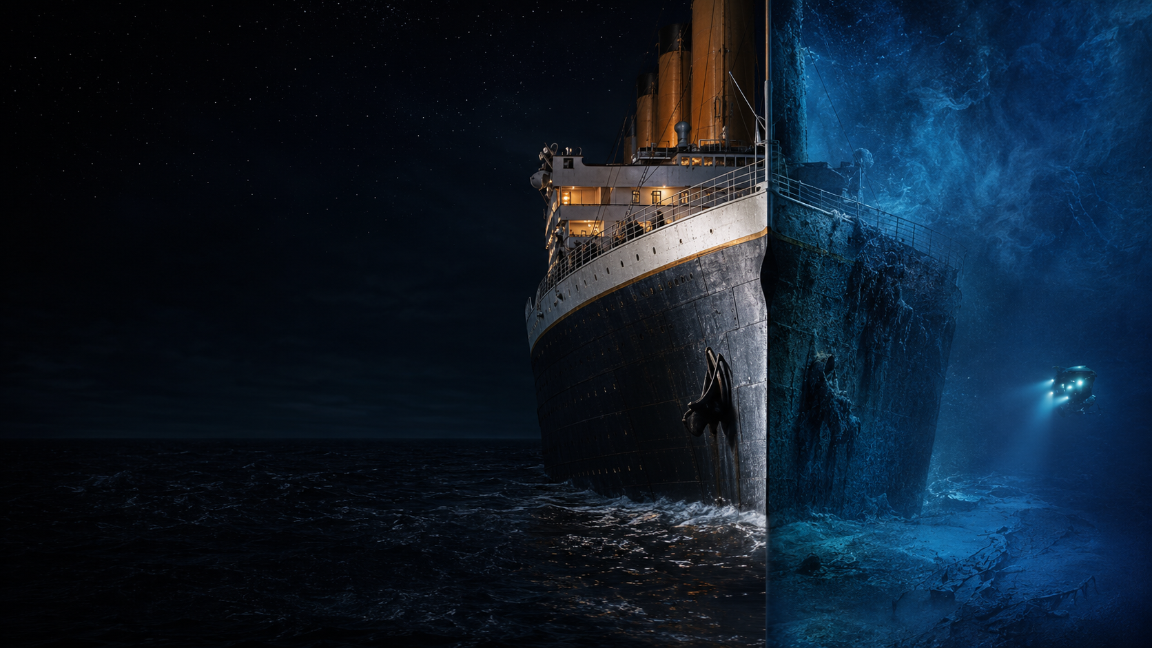 Titanic representado acima e abaixo da água